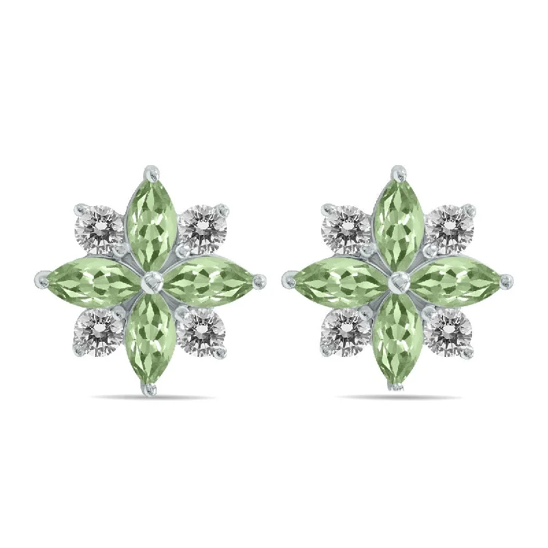 regency ruby earrings-Marquee 1 Carat TW Green Amethyst and Diamond Flower Earrings in 10K White Gold