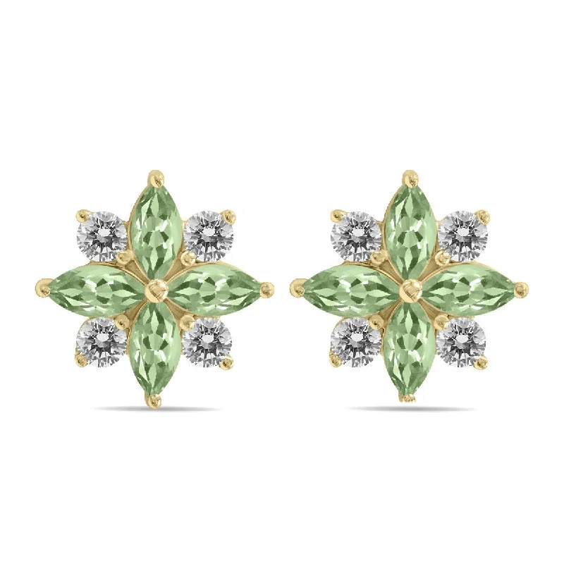 pearl knotted earrings-Marquee 1 Carat TW Green Amethyst and Diamond Flower Earrings in 10K Yellow Gold