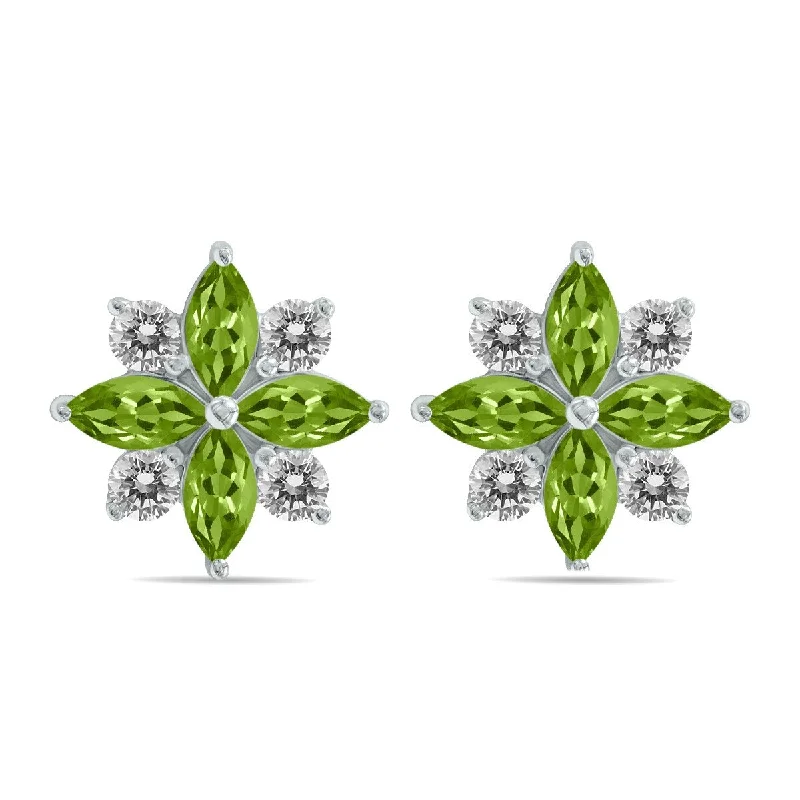 frond stud earrings-Marquee 1 Carat TW Peridot and Diamond Flower Earrings in 10K White Gold