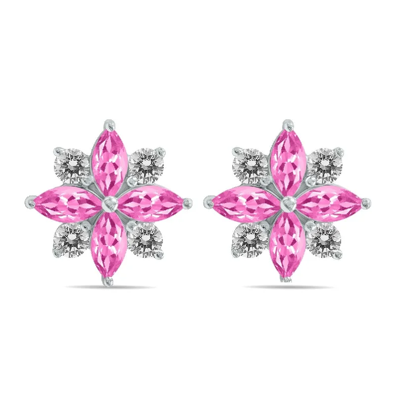 frond chandelier earrings-Marquee 1 Carat TW Pink Topaz and Diamond Flower Earrings in 10K White Gold