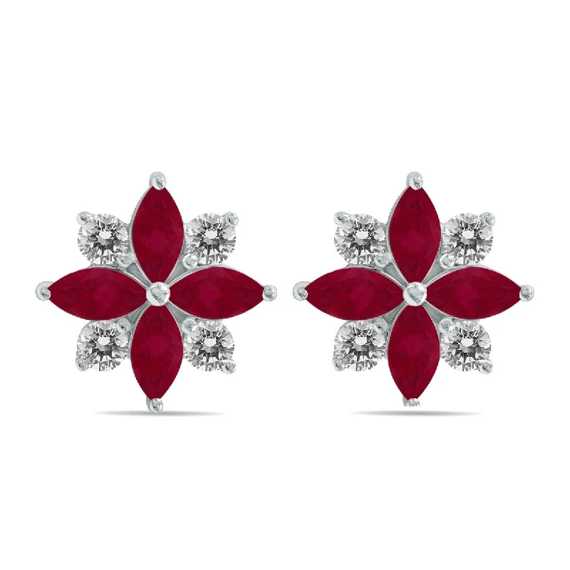 ocean tide earrings-Marquee 1 Carat TW Ruby and Diamond Flower Earrings in 10K White Gold