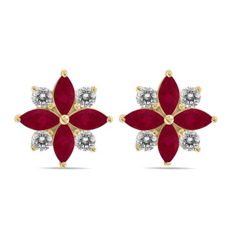 ten-stone earrings-Marquee 1 Carat TW Ruby and Diamond Flower Earrings in 10K Yellow Gold