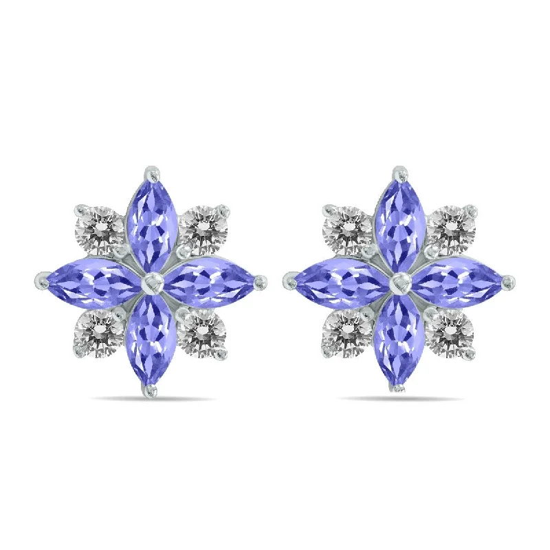 opal stone earrings-Marquee 1 Carat TW Tanzanite and Diamond Flower Earrings in 10K White Gold