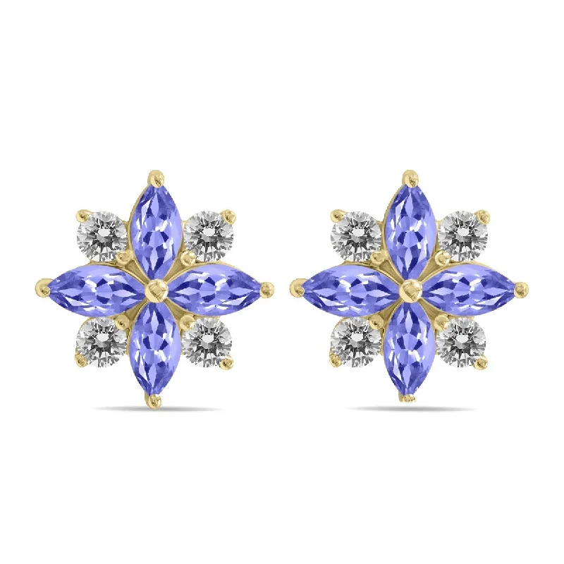 stamped hoop earrings-Marquee 1 Carat TW Tanzanite and Diamond Flower Earrings in 10K Yellow Gold