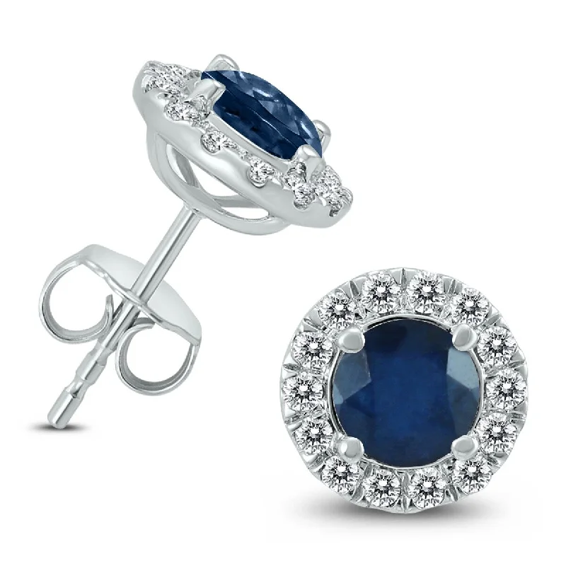 flow-shaped drop earrings-Marquee Genuine 1 3/4 Carat TW Natural Sapphire And Real Diamond Halo Earrings in 14K White Gold