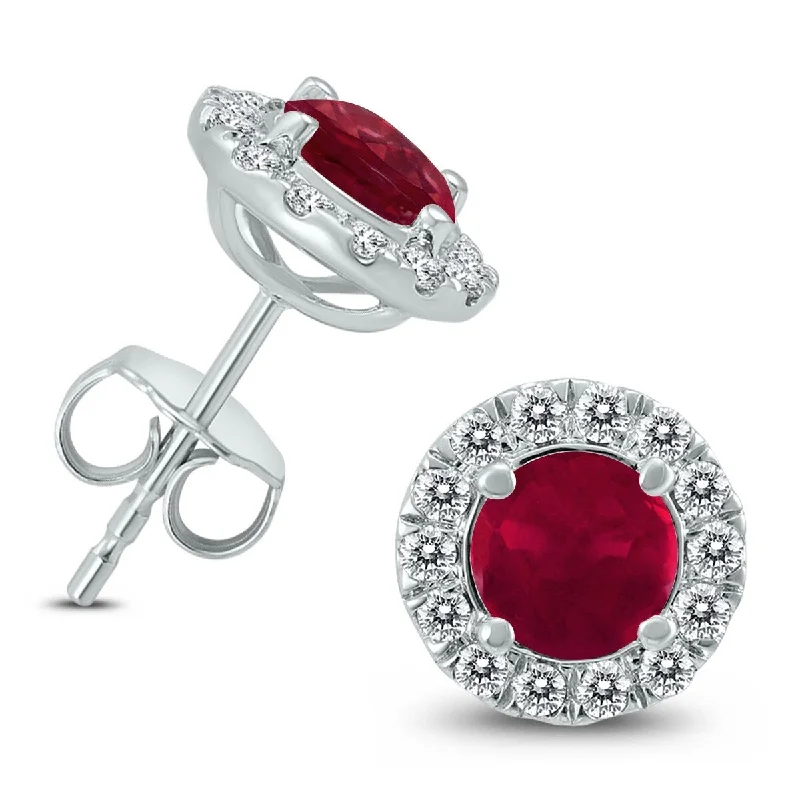 retro emerald earrings-Marquee Genuine 1 3/4 Carat TW Ruby And Diamond Halo Earrings in 14K White Gold