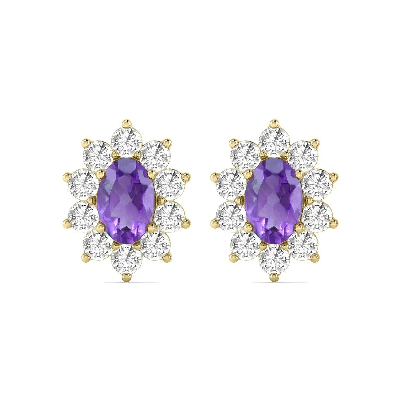 tarnished statement earrings-Marquee Oval Shape Amethyst and Diamond Flower Earrings in 14K Yellow Gold