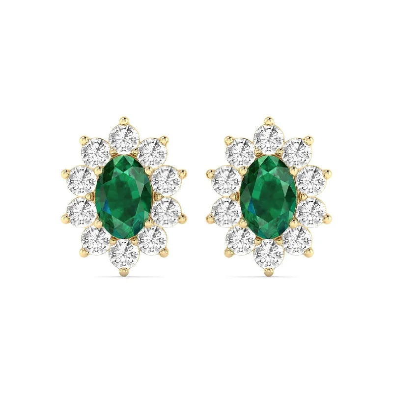 pearl braided earrings-Marquee Oval Shape Emerald and Diamond Flower Earrings in 14K Yellow Gold