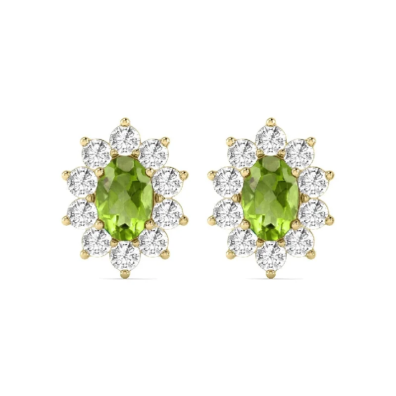 elegant chandelier earrings-Marquee Oval Shape Peridot and Diamond Flower Earrings in 14K Yellow Gold