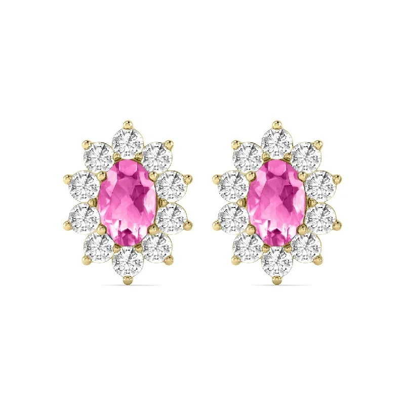 regency diamond earrings-Marquee Oval Shape Pink Topaz and Diamond Flower Earrings in 14K Yellow Gold