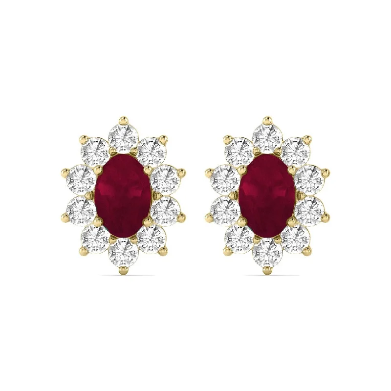 bendable gemstone earrings-Marquee Oval Shape Ruby and Diamond Flower Earrings in 14K Yellow Gold