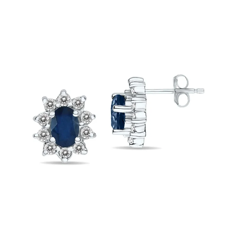 bendable hoop earrings-Marquee Oval Shape Sapphire and Diamond Flower Earrings in 14K White Gold