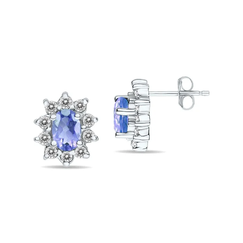 ruby stud earrings-Marquee Oval Shape Tanzanite and Diamond Flower Earrings in 14K White Gold