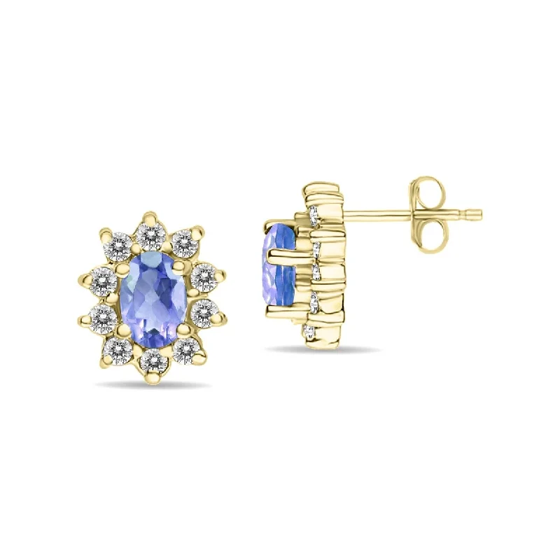 wanderlust chic earrings-Marquee Oval Shape Tanzanite and Diamond Flower Earrings in 14K Yellow Gold