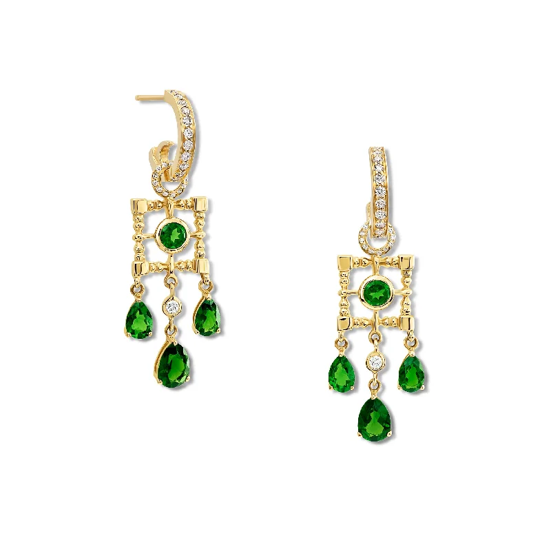 frond gold earrings-Mashrabiya Trellis Earring Drops Yellow Gold - Chrome Diopside & Diamond