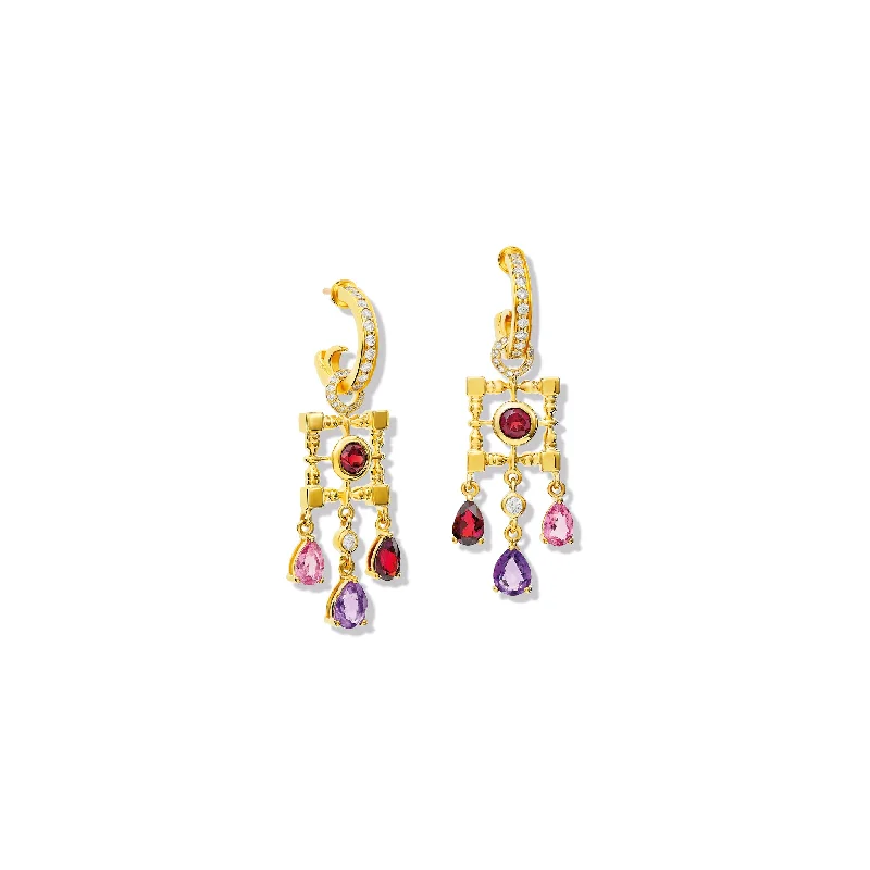 custom name earrings-Mashrabiya Trellis Earring Drops Yellow Gold - Garnet, Amethyst, Pink Tourmaline & Diamond