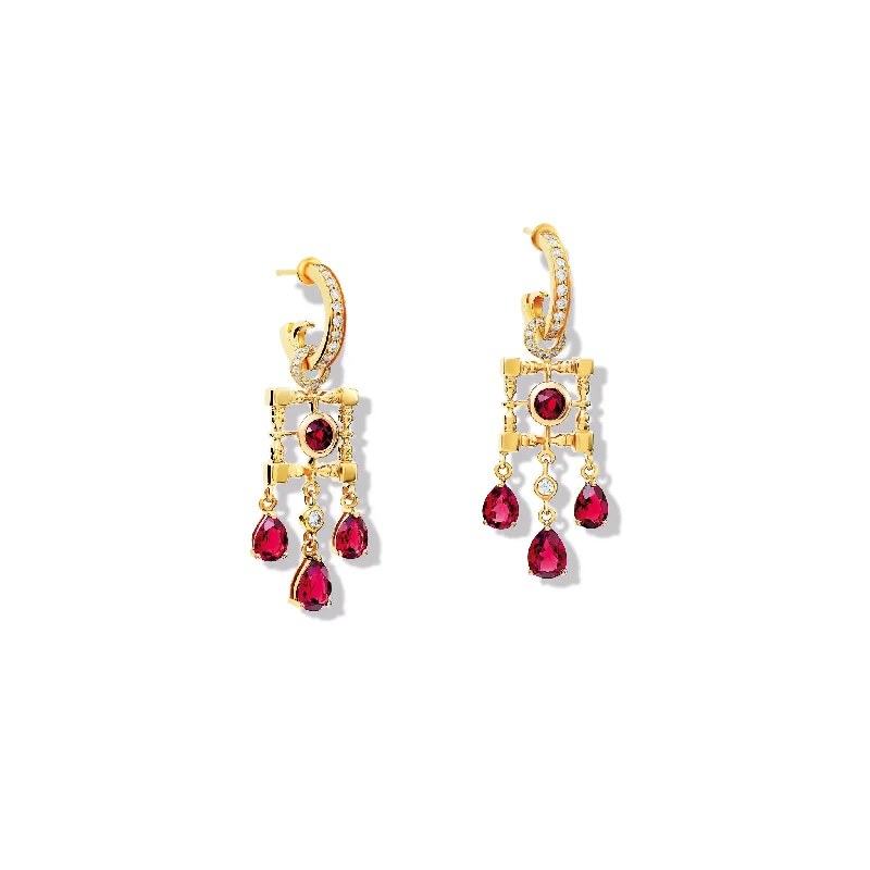 elegant stud earrings-Mashrabiya Trellis Earring Drops Yellow Gold - Rhodolite Garnet & Diamond