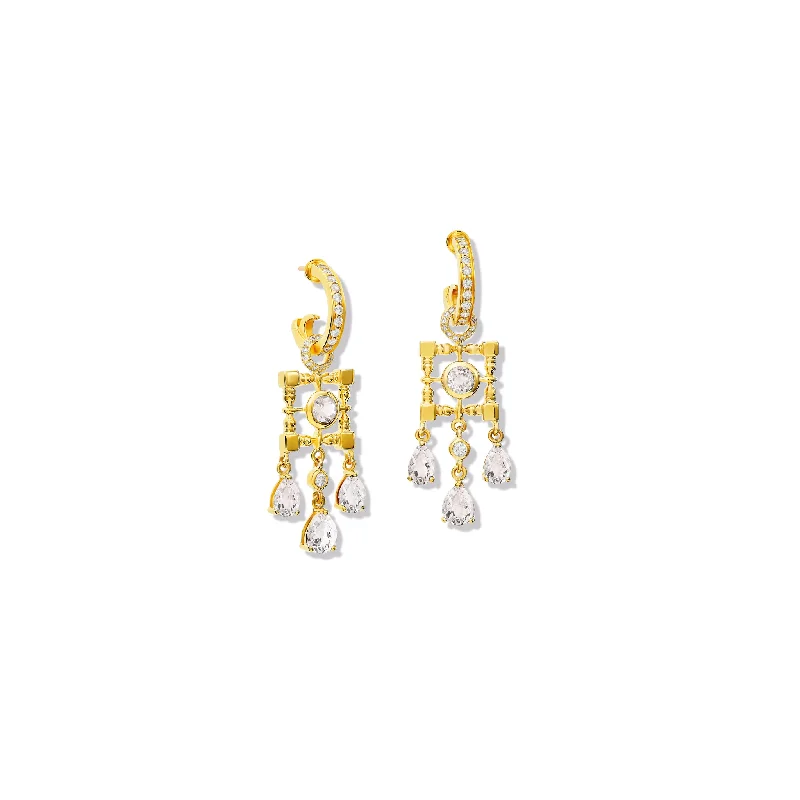 retro ruby stud earrings-Mashrabiya Trellis Earring Drops Yellow Gold - White Sapphire & Diamond