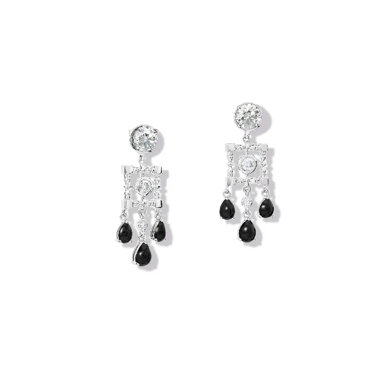 gibbous moon drop earrings-Mashrabiya Trellis Halo Earring Drops 18ct White Gold - Black Jade & Diamond