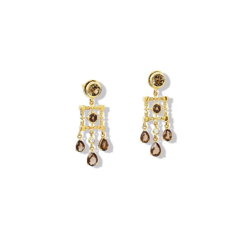 bendable gemstone earrings-Mashrabiya Trellis Halo Earring Drops Yellow Gold - Smoky Quartz & Diamond