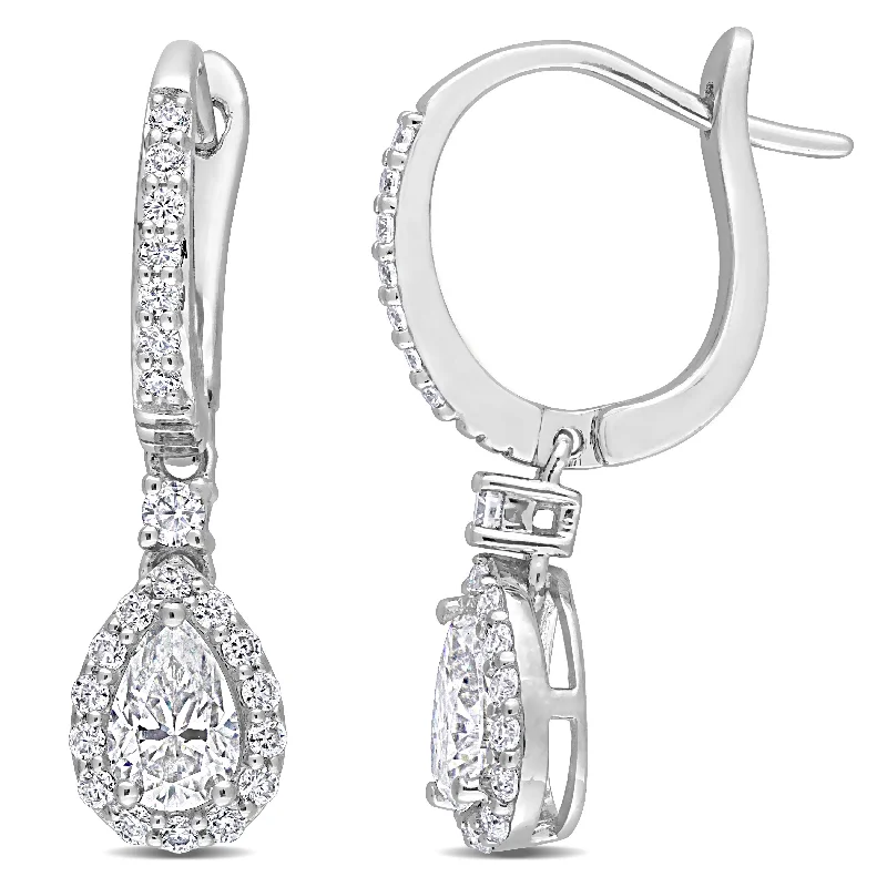 braided silver earrings-Miadora 1 3/8ct DEW Pear-cut Moissanite Halo Teardrop Dangle Leverback Earrings in Sterling Silver