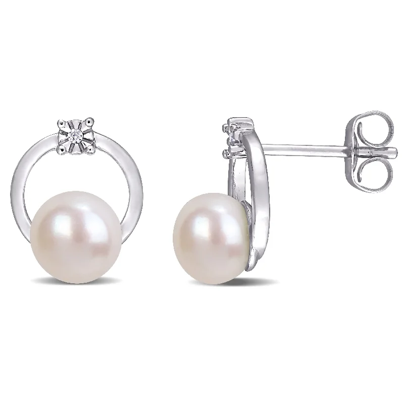 leafy-themed earrings-Miadora 10k White Gold Cultured Freshwater Pearl & Diamond Accent Stud Earrings (5.5-6mm)