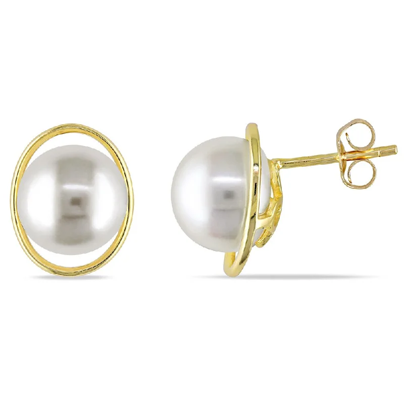 deco sapphire earrings-Miadora 10k Yellow Gold Cultured Freshwater White Pearl Stud Earrings (9.5-10 mm)