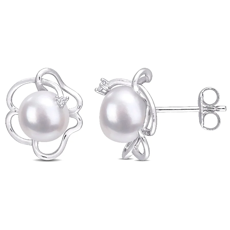 uncut gold earrings-Miadora Sterling Silver Cultured FW Pearl and Created White Sapphire Floral Stud Earrings (7.5-8mm)