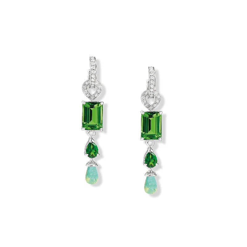 luxurious statement earrings-Octavia Earring Drops 18ct White Gold - Chrome Diopside, Green Tourmaline, Opal & Diamond