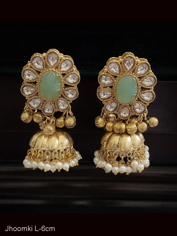 elegant chandelier earrings-Oval stone kundan flower top jhoomki with ghunghru detailing