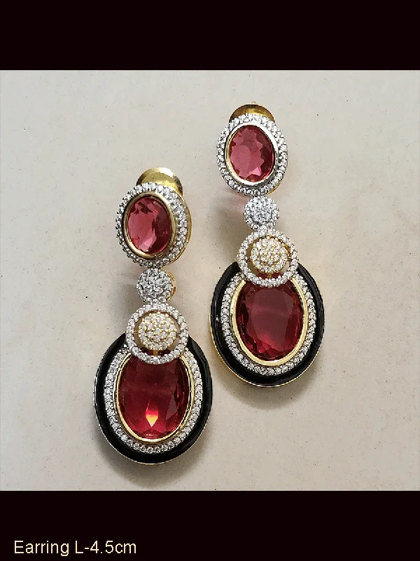 frond chandelier earrings-Oval stones zircon detailing black enamel gold finish earrings