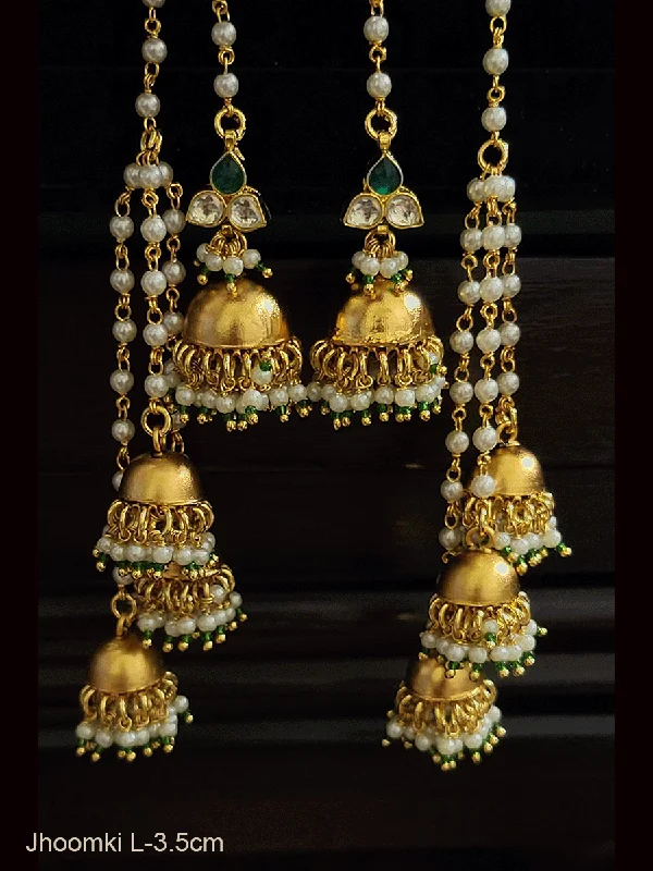 aquamarine drop earrings-Paachi kundan 3.5cm long kashmiri jhoomki with three jhoomki hanging