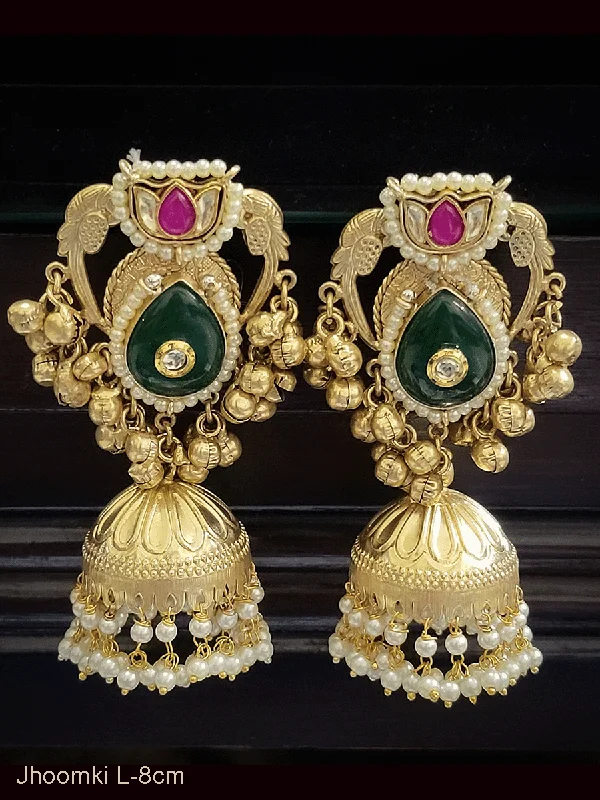 little letter earrings-Paachi kundan flower top with peacock sides tear drop stone jhoomkies with ghunghru hangings