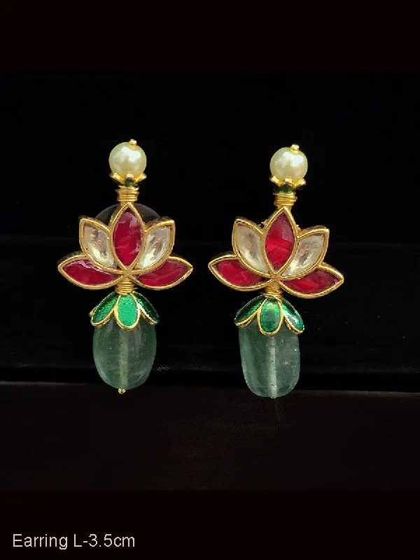 retro emerald earrings-Pearl top lotus paachi kundan earring with jade drop