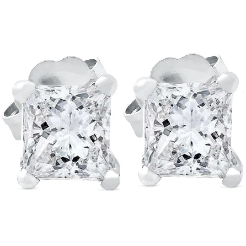 stamped gemstone earrings-Pompeii3 14k White Gold 1 ct TDW Princess Cut Diamond Clarity Enhanced Studs - White G-H