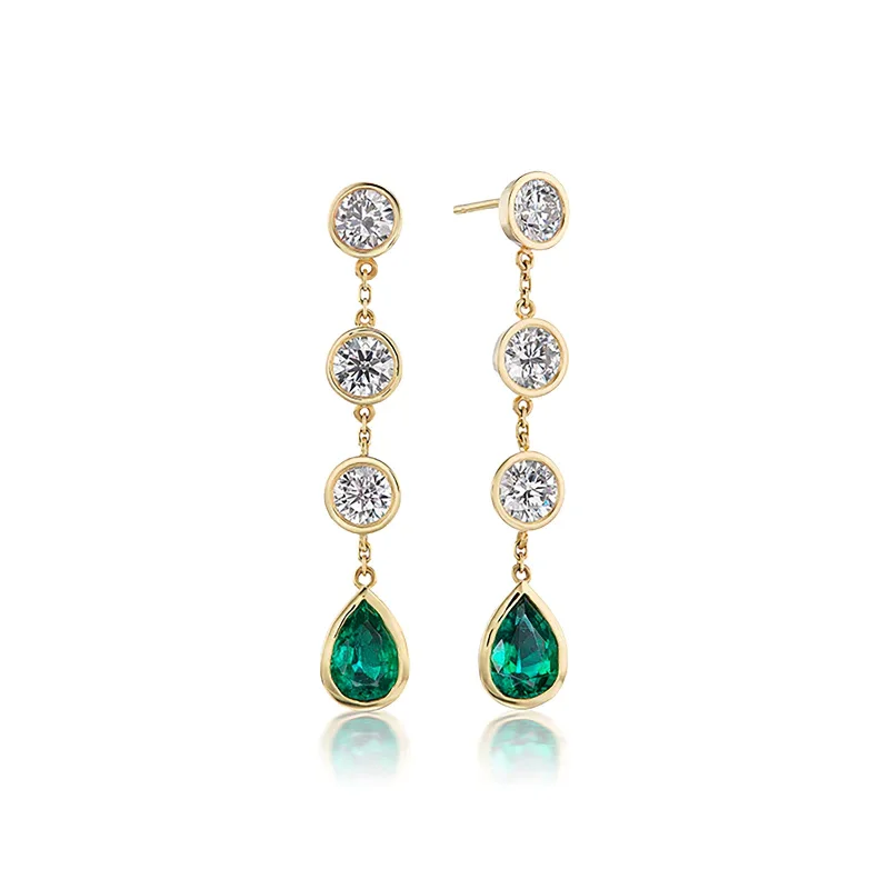 retro emerald earrings-Emerald and Diamond Dangle Earrings