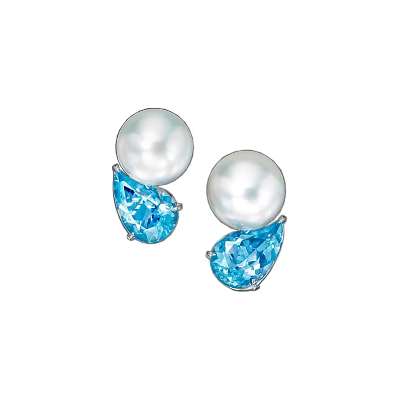 flow drop earrings-Paisley South Sea Pearl & Mozambique Aquamarine Clip-On Earrings