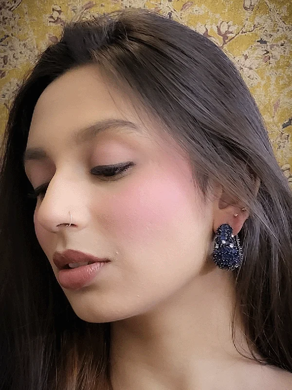 opal stone earrings-Round bold 3cm diameter marquise stones studded black finish loops