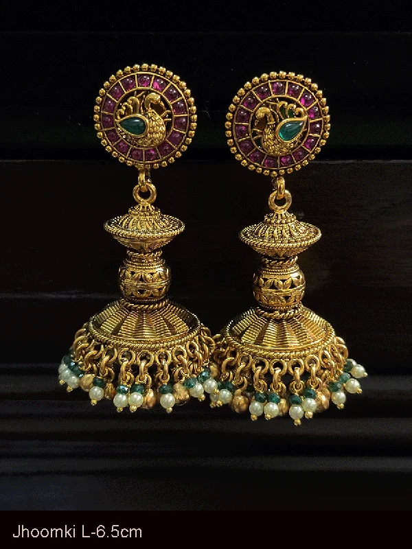 frond gold earrings-Ruby and green stones peacock circular top gold bead in middle jhoomki