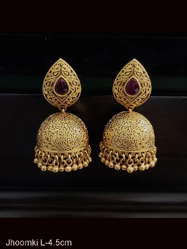 thin gemstone earrings-Self design domb with leaf design ruby stone top jhoomki