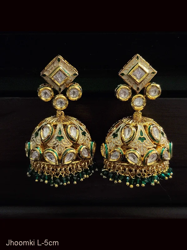 emerald healing earrings-White and coloured enamel kundan jhoomkies with coloured beads